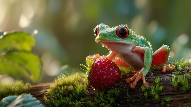 A vibrant green frog sitting on a moss-covered log, delicately holding a ripe strawberry with its tiny hands, droplets of water glistening on its skin under soft morning light. - Powered by Adobe