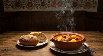 Steaming Hot Brown Stew in Bowl with Bread on Rustic Table