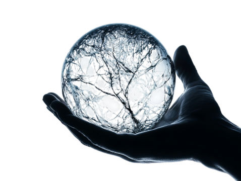 A human hand holds a glowing crystal orb, symbolizing mystery and connectedness in a dark backdrop.