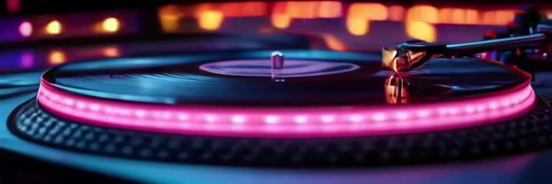 Close-up of a turntable with a vinyl record spinning, illuminated by vibrant pink LED lights