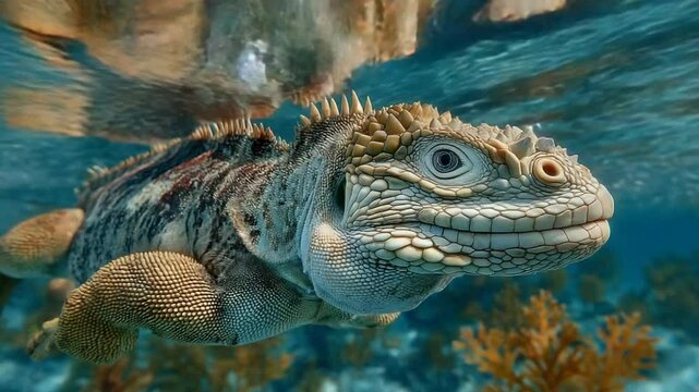 Marine Iguana Underwater Close-Up, Galapagos Wildlife, Reptile in Ocean habitat
