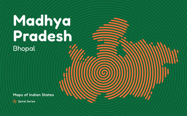 Naklejka premium Spiral Abstract Map of Madhya Pradesh Featuring Capital Bhopal – Indian State Design