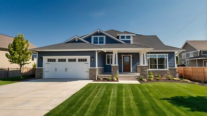 Fototapeta premium Modern architectural residence with a lush garden and spacious lawn under a clear sky
