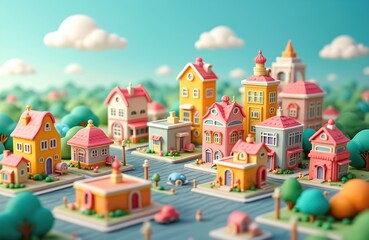 Naklejka premium 3D render of a miniature colorful city. Cute mini houses, hotels, buildings, roads, clouds. Kid style illustration for background. Happy colors for design poster wallpaper.