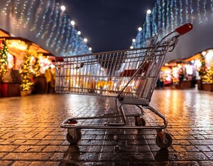 empty shopping cart at night market reflecting lights