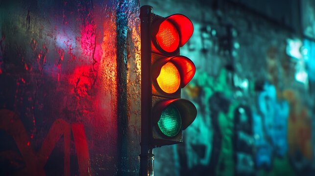Abstract Urban Art Featuring a Lonely Traffic Light with Vibrant Red, Amber, and Green Beams Emphasizing Decisiveness and Uncertainty