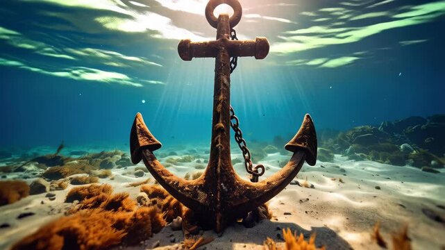 Rusty metal anchor resting on sandy seabed under blue water with sunlight streaming through the surface creating a peaceful underwater scene