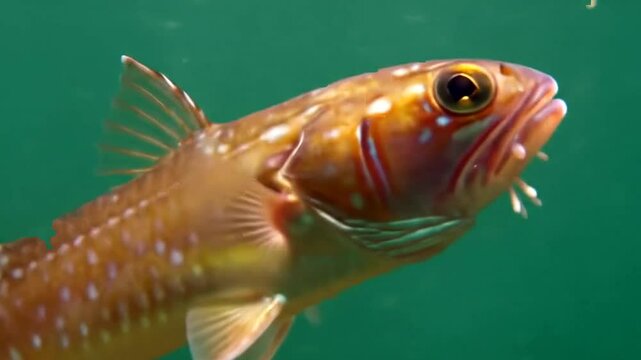 A reddishbrown fish with orange spots swims underwater near a rocky reef