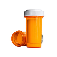 Two orange prescription pill bottles with white caps are displayed, one standing upright and other lying on its side. bottles are empty, highlighting their translucent design