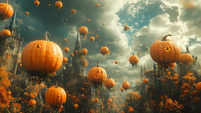 As the sun sets, a dreamy world comes alive with large, smiling pumpkins gently drifting through the air. Surrounding castles are bathed in the warm hues of fall, creating a magical atmosphere.