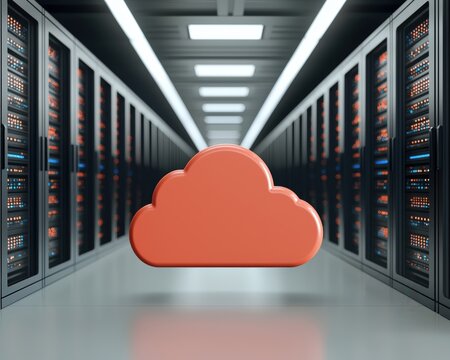 A futuristic data center with rows of server racks and a large floating orange cloud icon symbolizing cloud computing and data storage.