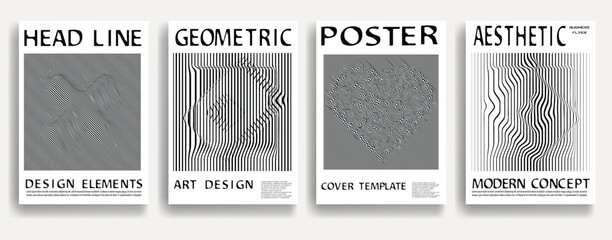 Modern posters . Vector design composition with various geometric shapes . Abstract contemporary art . Vector art ideal for media, ads, covers, brochures, banners. Black and white.