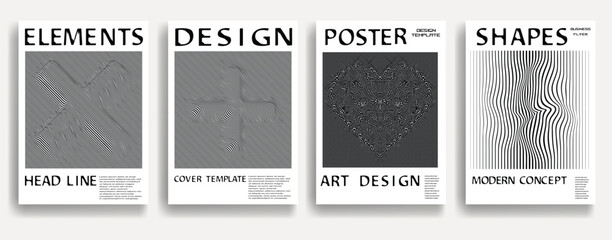 Modern posters . Vector design composition with various geometric shapes . Abstract contemporary art . Vector art ideal for media, ads, covers, brochures, banners. Black and white.