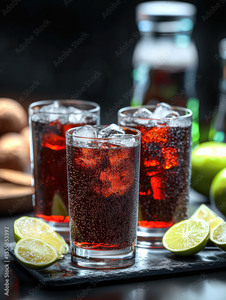 Poster three glasses of sugarfree with ice and lime slices, refreshing cold drink on dark background