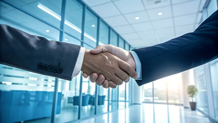 Two business people shake hands in a modern office building symbolizing a successful deal