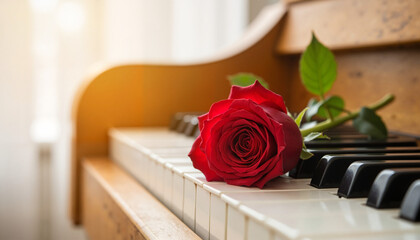 Red rose lying on piano keys in soft natural light  
