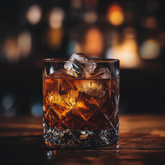 Kryształowa szklanka z whisky i lodem, umieszczona na drewnianym blacie, z rozmazanym, świetlistym tłem baru.