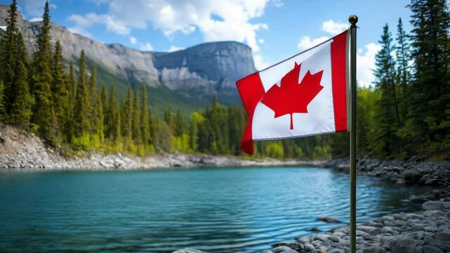 A vibrant Canadian flag flutters against a picturesque lake and rolling mountains, symbolizing freedom and sovereignty during Flag Day.