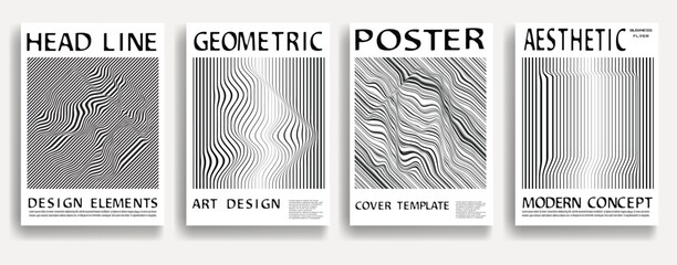 Modern posters . Vector design composition with various geometric shapes . Abstract contemporary art . Vector art ideal for media, ads, covers, brochures, banners. Black and white.