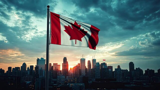The Canadian flag flutters in the wind, with the Toronto skyline illuminated by the warm glow of sunset during Independence Day celebrations. - Powered by Adobe