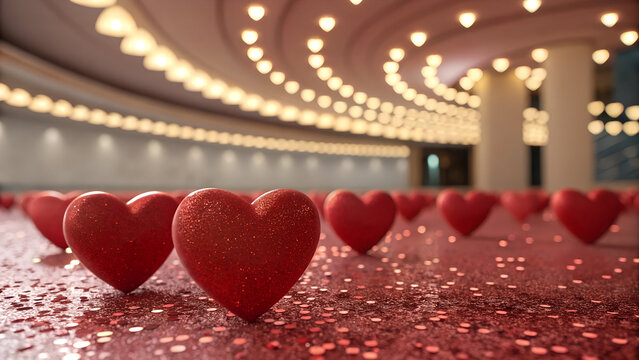 Red glitter hearts arranged in rows on a shiny surface under soft lighting