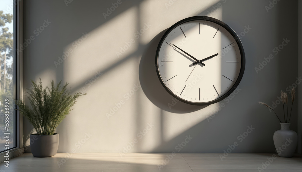 Poster minimalist wall clock hanging on grey wall in modern room. interior design featuring sunlight shadow