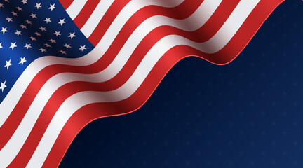 American flag on blue background wtih stars. Empty space for your text. 4th of July, Independence Day background.