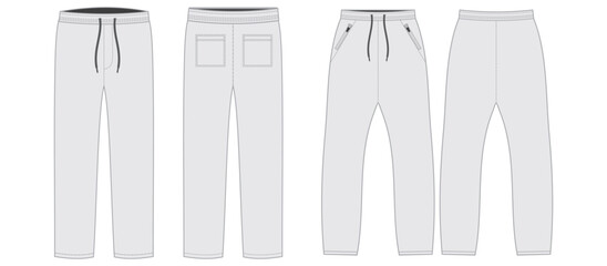 Activewear Fashion Technical Illustration - Trouser Joggers Front and Back Views, Men Women Unisex Trousers CAD Mockups - Set of Pants Joggers Trousers - Technical Flat Drawing of Jeans Pants Cargo