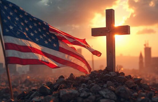 Illustration Christian cross American flag against sunrise. Faith, patriotism. Symbols of religion, national pride. Christian symbol of hope, salvation. Patriotic, memorial theme, national holiday.