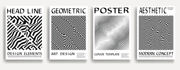 Modern posters . Vector design composition with various geometric shapes . Abstract contemporary art . Vector art ideal for media, ads, covers, brochures, banners. Black and white.