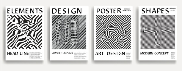 Modern posters . Vector design composition with various geometric shapes . Abstract contemporary art . Vector art ideal for media, ads, covers, brochures, banners. Black and white.