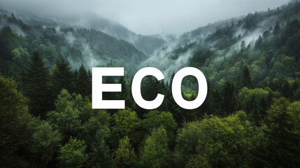 Duży, biały napis "ECO" na tle gęstego, zielonego lasu pokrytego mgłą, z wyraźnymi wzniesieniami w oddali. Symbolizuje ekologię i naturę. © Silent26