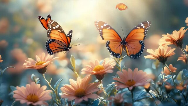 In a peaceful garden awash with warm sunlight, vivid butterflies gracefully flutter above blooming flowers. This enchanting display of nature highlights the harmony between insects and blooms.