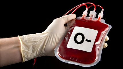 A gloved hand holds a bag of o negative blood for donation on black background