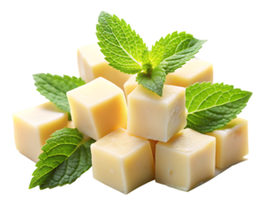  fresh vibrant cheese cubes with mint leaves isolated on white background  PNG , AI GENERATED