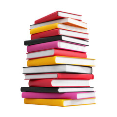 Tall stack of colorful hardcover books is arranged in neat pile, showcasing variety of vibrant covers. books are stacked vertically, creating eye catching display of literature