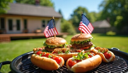 Barbecue cookout features burgers, hot dogs, American flags, grilling on backyard. Summer vibes, outdoor gathering, community, friendship, joy, fun, celebration. Food for 4th July holiday.