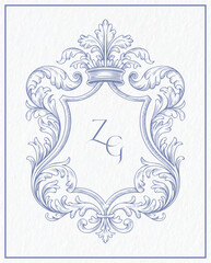 Vintage Baroque Monogram Crest with Ornamental Floral Frame in Blue Engraving Style.