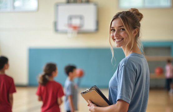 Young, smiling female coach at elementary school gym. Portrait of happy teacher looks at camera. Children on background. PE class, sport training, education, healthy lifestyle concept.