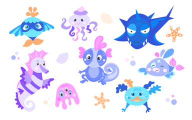 Fantastic sea creatures. Inhabitants of the underwater world, fantastic creatures.