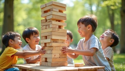 Children play giant Jenga game outdoors on sunny day. Kids carefully stack, remove wooden blocks. Smiling laughing faces show teamwork concentration. Summer fun leisure activity for friends, family.