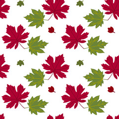 Seamless pattern of autumn leaves from different trees, ash, birch, oak, maple, chestnut. Flat vector style