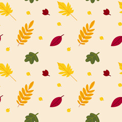 Seamless pattern of autumn leaves from different trees, ash, birch, oak, maple, chestnut. Flat vector style