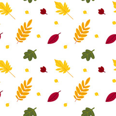 Seamless pattern of autumn leaves from different trees, ash, birch, oak, maple, chestnut. Flat vector style