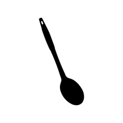Silhouette of a black cooking spoon with a long handle and a hole at the end of the handle shown