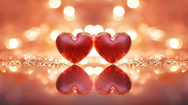 Red hearts reflect on shiny surface, amidst warm bokeh lights, symbolizing love, romance, reflection, and duplication