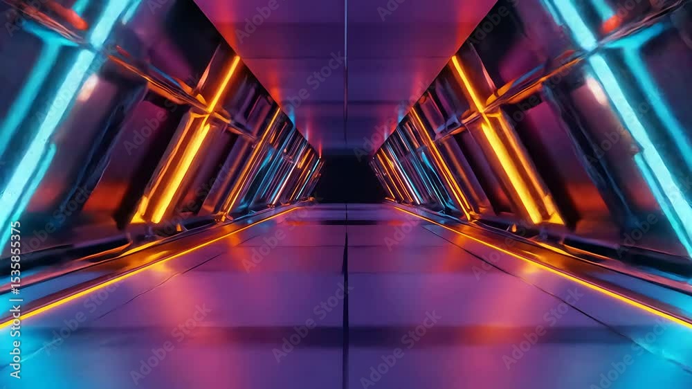 Aufkleber abstract corridor with orange and blue neon lights, reflecting on a metallic surface, creating a fut