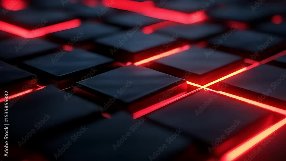 Poster Abstract animation of dark cubes with red neon lines, creating a dynamic, technological, and futuristic atmosphere