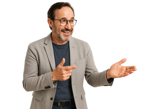 Professional speaker delivers engaging business presentation in studio environment