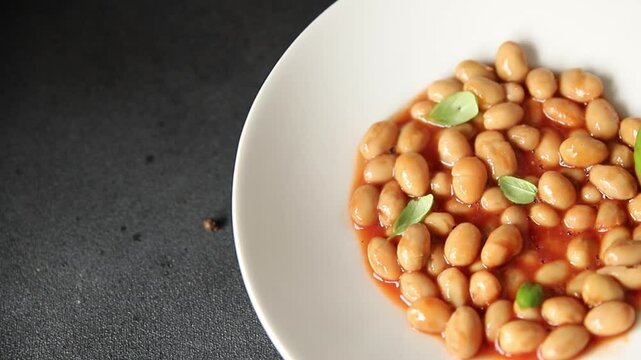 Bean stew tomato sauce cranberry beans vegetable dish beans borlotti fresh delicious gourmet food background on the table rustic food top view copy space keto and paleo diet vegan and vegan food
